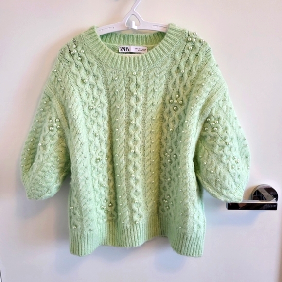 Zara Pearl Knit Crew Neck Sweater Top - Picture 6 of 10